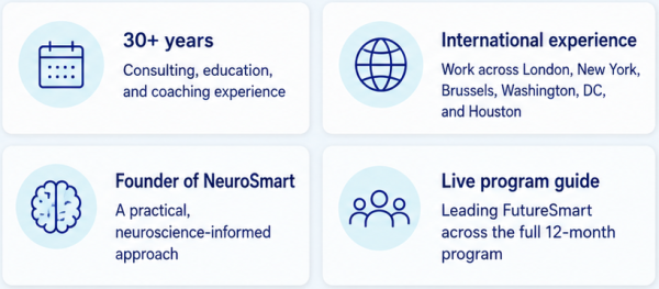 Andrea's 30-plus years of experience, international work, NeuroSmart founding role, and leadership of the 12-month FutureSmart program